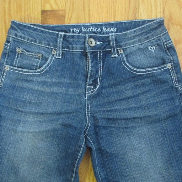 JUSTICE GIRL'S SIZE 14 CAPRI JEANS MED BLUE SLUB DENIM CUFFED CROPPED PANTS - Picture 2 of 9